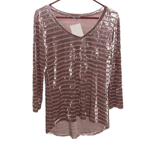 Womens Mauve Striped Velvet Long Sleeve Top Size M - Picture 1 of 6